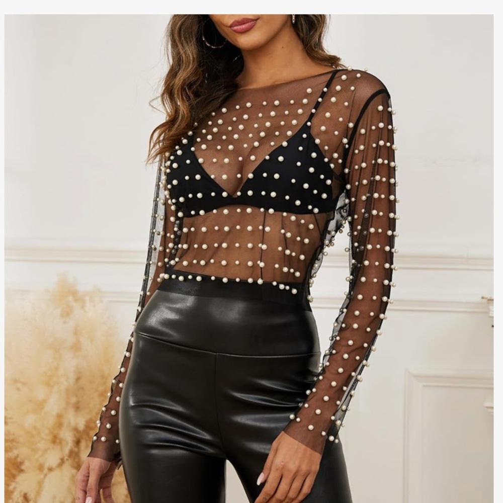 Elegant Black Sheer Pearl-Embellished Blouse